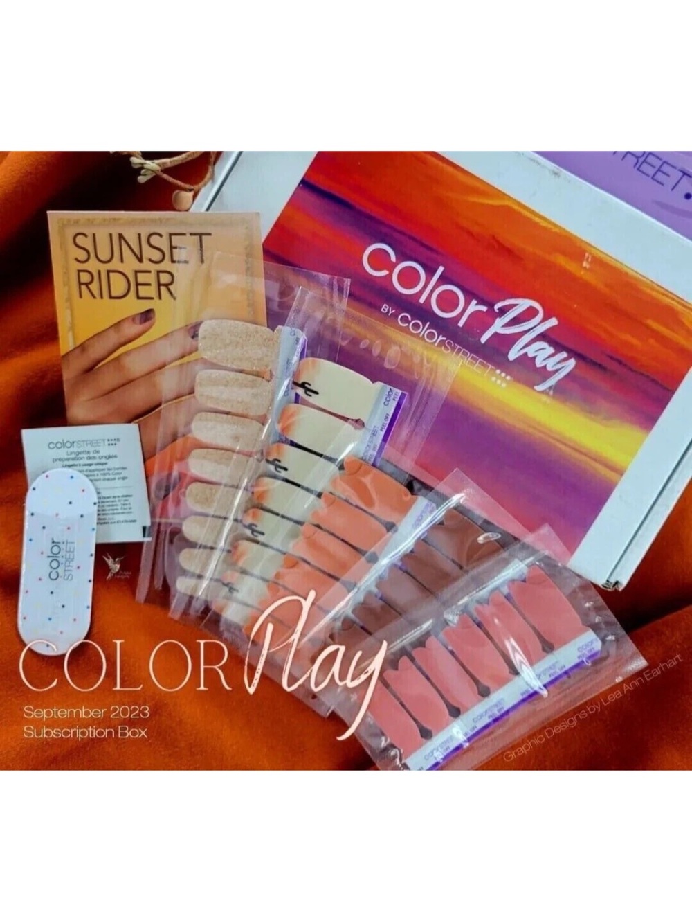 SUNSET RIDER - SEPT 2023 COLOR PLAY BOX - COLOR STREET - FULL 5 SETS & BONUS MAT